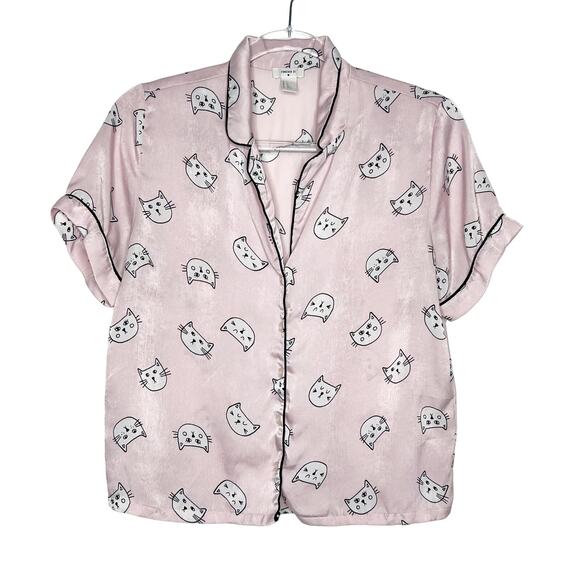 FOREVER 21 Cat Print Pajama Shirt Shorts Set Satin Lightweight Pink Size Small - Picture 1 of 10